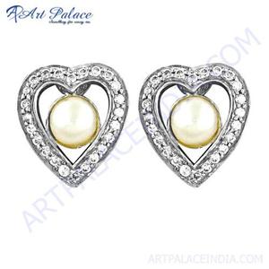 Romantic Heart Style Pearl & Cubic Zirconia <b>Silver</b> <b>Stud</b> <b>Earrings</b> - Product Image 1