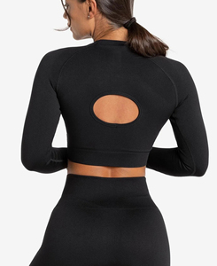 Nouveauté 2026 – Haut court noir à manches longues pour femme ABINZ ENTERPRISES – Couleur unie, sans coutures, respirant, en polyester/nylon – Vente en gros - Product Image 2