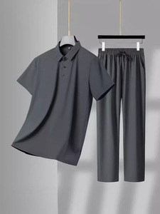 Men Summer Plus Size Casual Solid Color Two Piece <b>Set</b> <b>Knitted</b> Polyester Polo Shirt Drawstring Pants High Street Style Quick Dry - Product Image 2