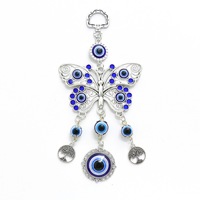 Décoration murale en verre Papillon Œil bleu avec breloques Arbre de Vie, design traditionnel pour la maison, la voiture et le bureau