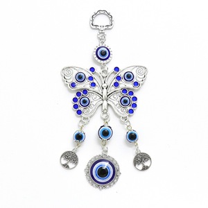 Blue Evil Eye Butterfly <b>Glass</b> Wall Hanging Art with <b>Tree</b> of Life Charms Traditional Design for Home Car Office - Product Image 1
