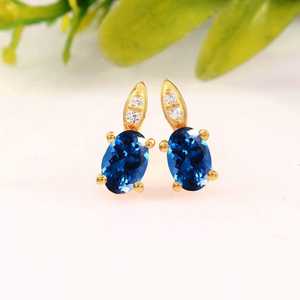 Blue Tourmaline <b>Stud</b> <b>Earrings</b> 925 Sterling Silver 14K Gold Plated Handmade Engagement Jewelry Gift For Women - Product Image 2