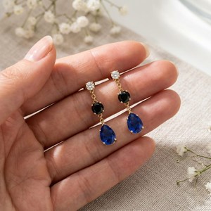 Elegant Sapphire & Black Obsidian Pear Drop <b>Earrings</b> CZ Accent Minimalist Handmade Gemstone <b>Stud</b> Dangle <b>Earrings</b> Gift For Her - Product Image 5