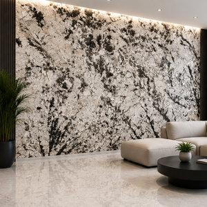 Grande dalle de marbre Calcite Poli ALPINE WHITE-2 écologique avec veines vertes noires, design 3D, pour mur de salon moderne - Product Image 1