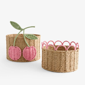 Cherry Paper Fiber <b>Basket</b> Woven Storage Container Decorative Organizer <b>Hamper</b> <b>For</b> Kids Room Nursery Shelf Home Accessories - Product Image 1
