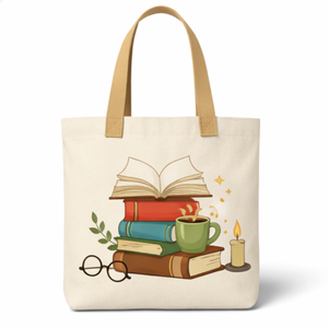Bolsa de lona personalizada al por mayor con estampado de libros, café, velas y dibujos animados, tamaño mediano, para compras diarias - Product Image 4