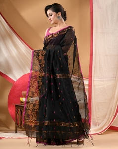 Sari Tradicional de Algodón Negro Tejido a Mano para Mujer KV con Diseño Pintado a Mano, para Fiestas, Sin Arrugas y Reversible, Blusa Sin Coser - Product Image 3
