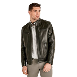 Blouson en cuir noir pour homme, col montant, style motard, coupe ajustée, multi-poches, zippé, décontracté, mode hiver, respirant, devant zippé - Product Image 6