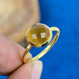 Natural Yellow Sapphire Round Cut Gemstone 18K Gold Plated Brass Bezel Trendy Handmade Minimalist <b>Ring</b> for Women - Product Image 1