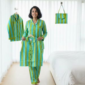 Conjunto de Pijama de Mujer con Rayas Verticales Florales, Ropa de Dormir de Algodón, Elegante Traje de Noche a Rayas, Camisa y Pantalones de Secado Rápido, Largo Completo - Product Image 1