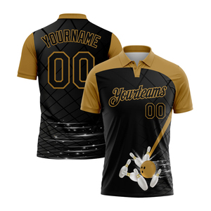 Maillot de bowling personnalisé de haute qualité pour homme, manches courtes, anti-humidité, impression par sublimation, vêtements de sport d'équipe, coupe classique, noir et or - Product Image 1