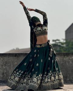 <b>Green</b> Embroidered Lehenga Choli Set Vintage Ethnic Women Dress with <b>Net</b> Dupatta for Wedding Party Winter Wear - Product Image 4
