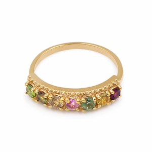 Bague demi-éternité en argent sterling 925 avec sept pierres de tourmaline multicolores, serties à griffes, plaquée or et rhodium - Product Image 3