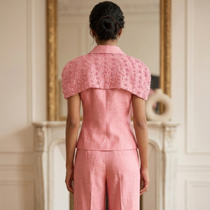 Elegant Women's Pink Satin <b>Blazer</b> and Pants <b>Set</b> – Beaded Shoulder Formal Suit - Product Image 2