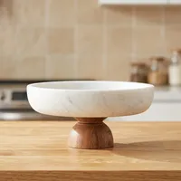 Bol décoratif élégant en marbre blanc et bois d'acacia SUNWOODD EXPO modèle 306, base en bois massif, pour cuisine et table à manger