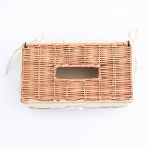 Boîte à mouchoirs rectangulaire artisanale en bambou et rotin – Doublure en toile avec nœud papillon, style vintage/rustique - Product Image 5