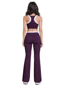 Conjunto Deportivo Personalizado para Mujer, Color Morado Ciruela y Blanco en Contraste, Sujetador Deportivo y Pantalones Acampanados, Cintura Alta, Elástico, para Yoga, Fitness, Gimnasio, Venta al Por Mayor OEM - Product Image 2