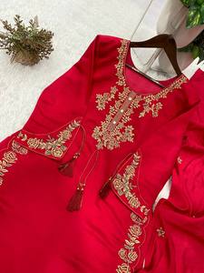 NiMa Creations Red Digital Print Embossed Lawn Salwar Suit Set Traditional Indian Long Top Palazzo Pants <b>Shawl</b> for Party <b>Wedding</b> - Product Image 4