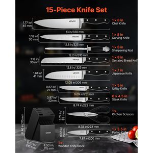 15-Piece High Carbon Stainless Steel Kitchen <b>Knife</b> Set with Block <b>Sharpener</b> Crack-Resistant Cutlery - Product Image 2