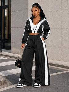 Ensemble de survêtement 2 pièces pour femme : veste courte zippée et pantalon large, léger, color block, style rétro sportif streetwear - Product Image 4