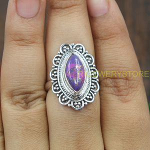 925 Sterling Silver Purple Copper <b>Turquoise</b> <b>Ring</b> Statement <b>Ring</b> Handmade Vintage Boho Gemstone Jewelry for Women Christmas Gift - Product Image 3
