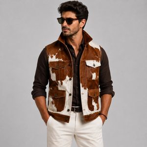 Gilet en cuir de vachette marron et blanc pour homme, col montant, décontracté, épais, patchwork, en cuir véritable, simple boutonnage, avec poches - Product Image 2