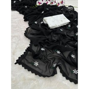 FASHIONABLE GEORGETTE HILO TRABAJO SAREE CON BLUSA SIN COSTAR NEGRO - Product Image 1