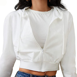 Women's <b>White</b> <b>Long</b> <b>Sleeve</b> Zipper Hoodie <b>Crop</b> <b>Top</b> Casual Knitted Sweatshirt Winter Solid Color Breathable Lined 100% Cotton - Product Image 3