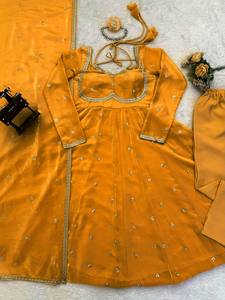Vestido Anarkali Naranja Bordado con Dupatta, Cuello en V, Manga Larga, Vestido Maxi para Fiesta de Bodas - Product Image 5