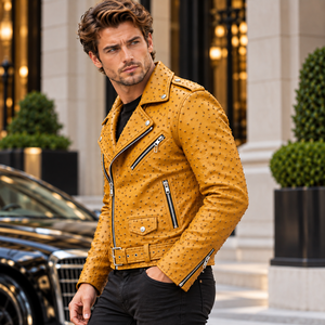 <b>Men</b>’s Ostrich Embossed Genuine Leather <b>Biker</b> <b>Jacket</b> Motorcycle <b>Jacket</b> Custom OEM Wholesale Genuine Leather Fashion <b>Jacket</b> - Product Image 4