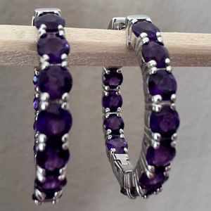 Pendientes de Aro de Amatista en Plata de Ley, Aros con Piedras Preciosas en el Interior y Exterior, 25 mm, Joyería Fina de Moda para Mujer - Product Image 1