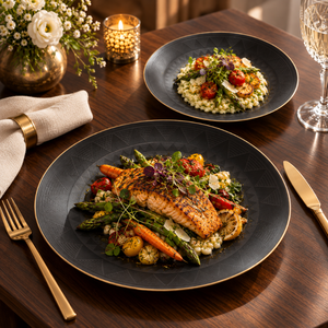 Platos de Cena Geométricos Negros con Borde Dorado, Juego de Vajilla Moderna de Lujo con Patrón Texturizado para una Cena Elegante |   Juegos de Platos Premium - Product Image 2