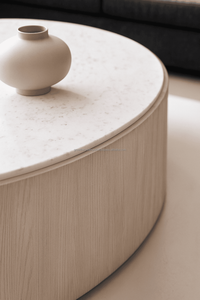 Mesa de Centro Moderna Redonda con Tapa de Mármol y Base de Madera, Mesa de Centro de Lujo de Madera de Roble y Mármol, Diseño Minimalista Premium - Product Image 4