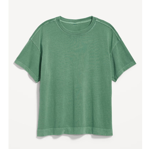 T-shirt en coton vert uni pour femme, col rond, manches courtes, coupe ample, décontracté, printemps-été, tissu jersey - Product Image 1