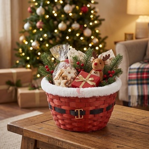 Wicker Rattan Basket <b>Red</b> Color With White Faux Fur Lining Handmade Traditional Style Black <b>Belt</b> Gold Buckle - Product Image 2