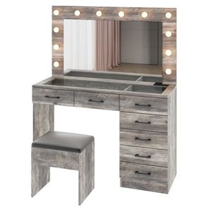 Large Lighted 12 LED <b>Mirror</b> Makeup Vanity Desk Set with 7 Drawers Glass <b>Top</b> Power Outlet-Elegant Vanity <b>Table</b> - Product Image 4