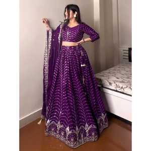 FANTAISIE GEORGETTE BRODERIE SEQUENCE TRAVAIL LEHENGA CHOLI AVEC DUPATTA VIOLET - Product Image 1
