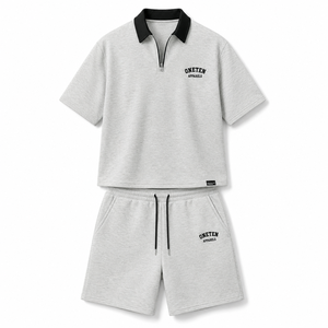 ONETEN APPARELS Polo en coton tricoté pour homme, manches courtes, fermeture éclair sur le devant, logo, décontracté, gris uni - Product Image 5