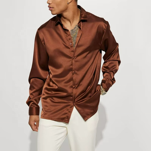 Wholesale Chocolate Men Long Sleeve <b>Satin</b> Shirt Custom Big Tall <b>Blouse</b> Support Custom Many Colors 100% Polyester Button up Shirt - Product Image 6