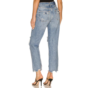 Jean en denim déchiré et délavé à taille haute, coupe droite, longueur cheville, en coton, style décontracté d'été pour femme - Product Image 2