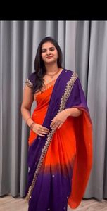 AARA Fashion <b>Orange</b> Purple Silk <b>Saree</b> Embroidered Border Traditional Indian Wedding Wear for Women Sun Protection All Seasons - Product Image 2