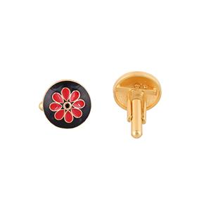 Mancuernillas Redondas de Lujo con Baño de Oro y Esmalte Negro y Rojo para Hombre, Accesorios Florales para Camisa Formal, Regalo de Boda o Negocios, Diseño Exclusivo - Product Image 3