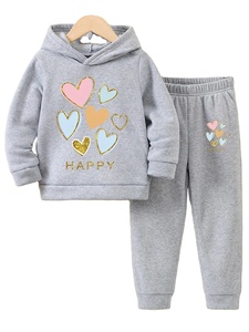 Otoño/Invierno nuevo conjunto de Sudadera con capucha y pantalones de chándal con Forro cálido y estampado de niña cálida informal y cómoda - Product Image 2