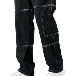 Pantalones vaqueros cargo negros personalizados para hombre, con costuras en contraste, multibolsillos, estilo urbano, corte holgado, ropa de trabajo - Product Image 1