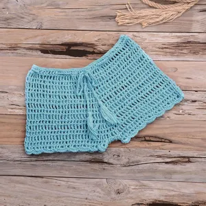 Crocheted Women's Bohemian Shorts Solid Color Knitted Drawstring Waist Breathable Summer Wear Mid Waist Regular Fit - Product Image 2
