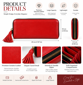 Red Genuine Leather England Style <b>Ladies</b> Long <b>Wallet</b> Zipper Clutch Purse Tassel Coin Holder Polyester High Quality Large - Product Image 5