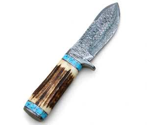 Outil utilitaire fixe en acier damas à motif goutte de pluie, fabriqué à la main, avec manche en corne de cerf et anneau en turquoise - Product Image 5