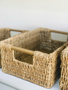 The Set of 3 Seagrass Rectangle <b>Basket</b> with Wooden Handle Multifunction Organizer <b>Basket</b> Handmade - Product Image 2