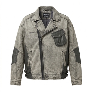 Acid Wash <b>Grey</b> Biker <b>Coat</b> Leather Patchwork Asymmetric Zip Outerwear Streetwear <b>Mens</b> Vintage Denim Motorcycle Jacket - Product Image 1