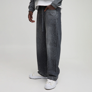 Pantalones Vaqueros Grises Lavados con Estampado de Diamantes de Imitación de Pierna Recta para Hombre, Estilo Urbano, Ajuste Relajado, Cintura Media, con Cinturón, de Mezclilla, ¡Venta Caliente! - Product Image 1
